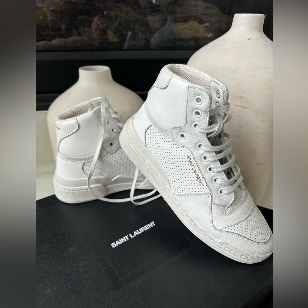 NIB Saint Laurent Men’s SL 24 Mid top distressed white sneakers 39.5